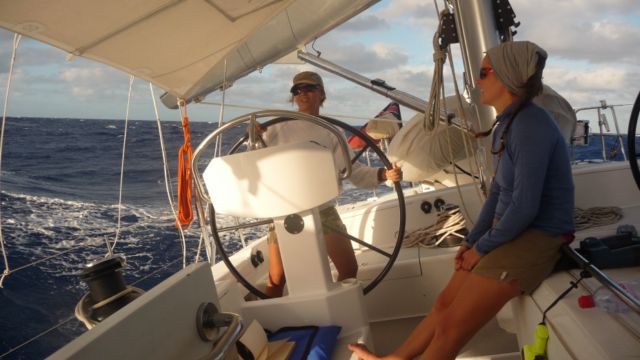 08 Aug 2010<br>Ayla and Nadège during their day shift. <br> Yacht Lady K, between Tahiti and Tonga, South Pacific. by Google Translate