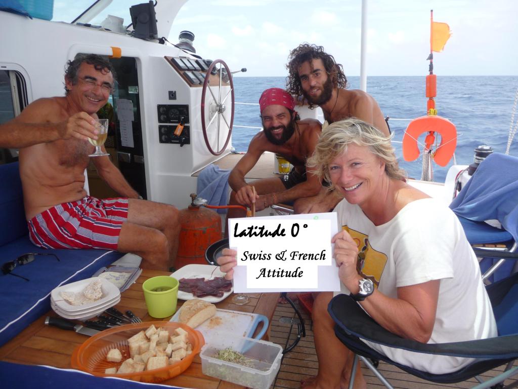 13 Dec 2008<br>Latitude Zero, swiss and French attitude <br> In the Swiss and French, we share a common passion: the cheese. Maryvonne booked us for crossing the equator a 4 cheese fondue. <br> Selya, Atlantic, between Cape Verde and Brazil by Google Translate