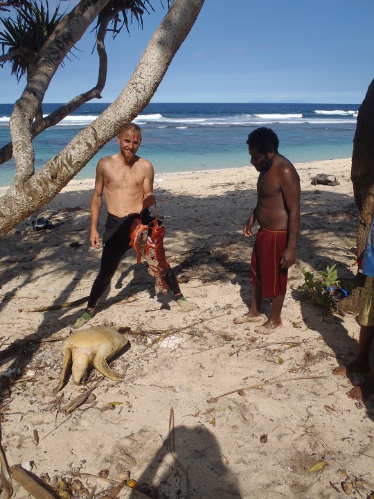 Tortue, étape 1. Au Vanuatu la pêche à la tortue est coutumière. Adrien eut la chance d'y participer. Nos esprits de Nouméen "animal protégé" sont un peu secoués, mais on se régale au soir.<br>Port Résolution, Ile de Tanna, Vanuatu.