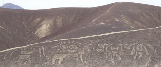 04 Nov 2009<br>Unes des fameuses figures de Nazca, l'unes des rares visibles depuis le sol. Ici des extraterrestres dirait on.Nazca, Pérou
