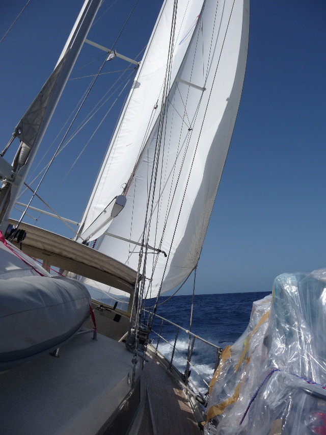 Atlantic, between Agadir and Lanzarote, Canary Islands, 2.Voilier days: 7 knots (13kmh) on average, 24h/24.Vélo: 15 kmh average, 6h/24. So the boat goes faster over the medium term. I checked!