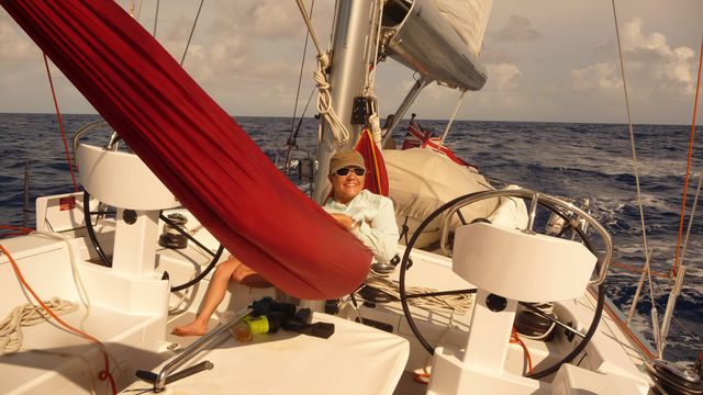 04 Jul 2010<br>Ayla moved into the hammock in the middle of crossing. A solution ant-roll ... damn that waltz! Sailboat Lady K, crossing Pacific between Tahiti and Makemo, Tuamotu